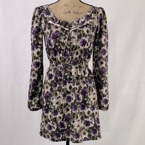 Women's Vintage Floral Long Sleeve Cinched Waist Dress, Size Small